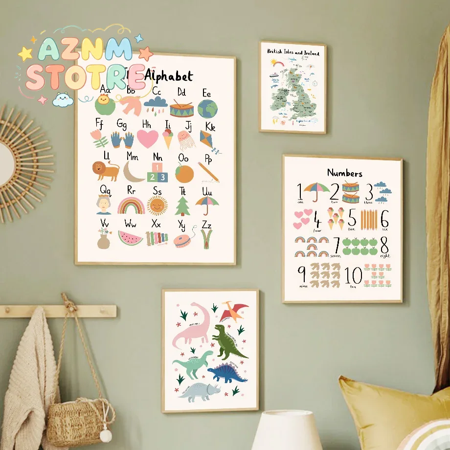 Star Map Poster - Peta Dunia Hewan, Alfabet Dinosaurus, Angka,